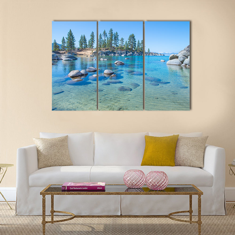 Beautiful blue clear water on the shore of the lake Tahoe multi panel canvas wall art