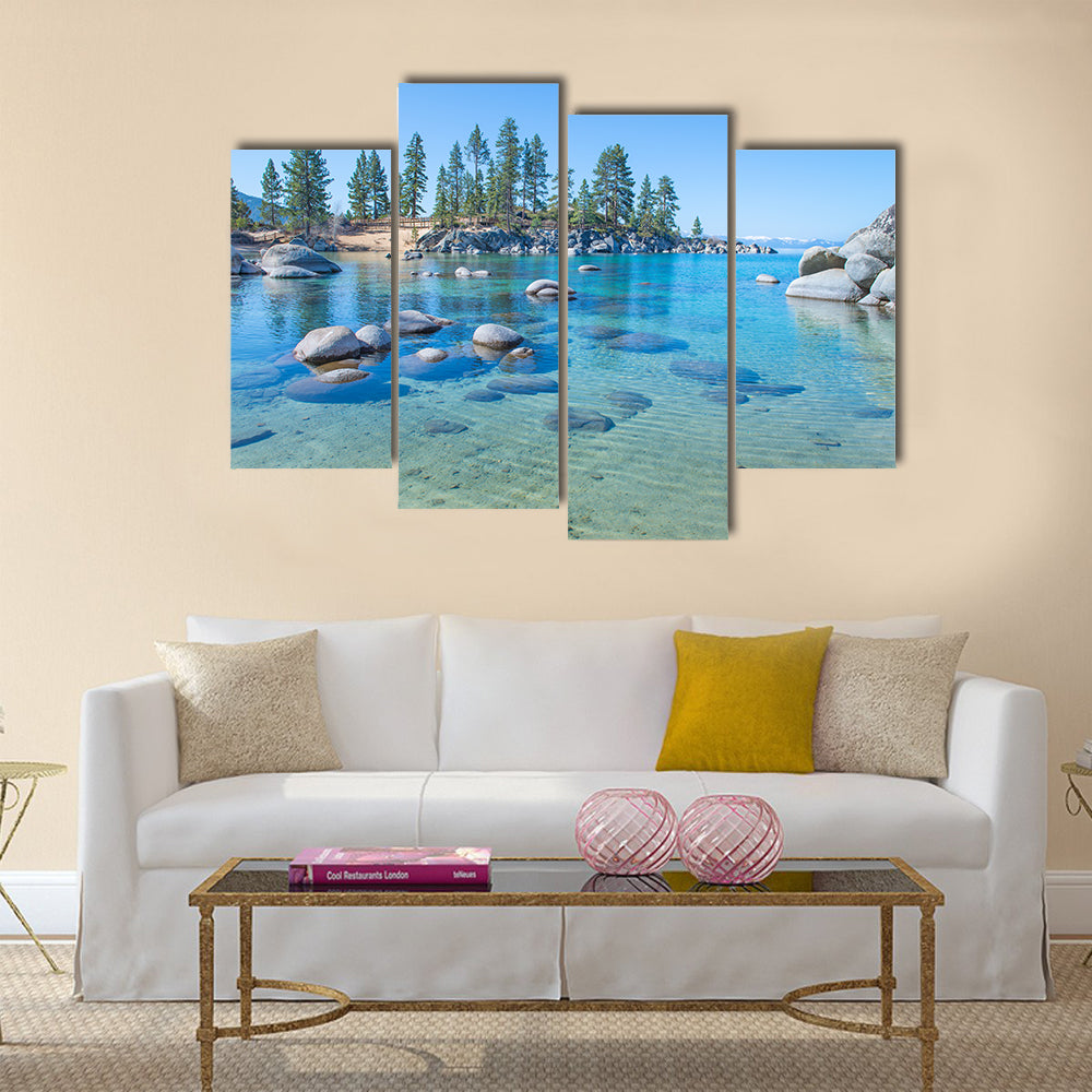 Beautiful blue clear water on the shore of the lake Tahoe multi panel canvas wall art