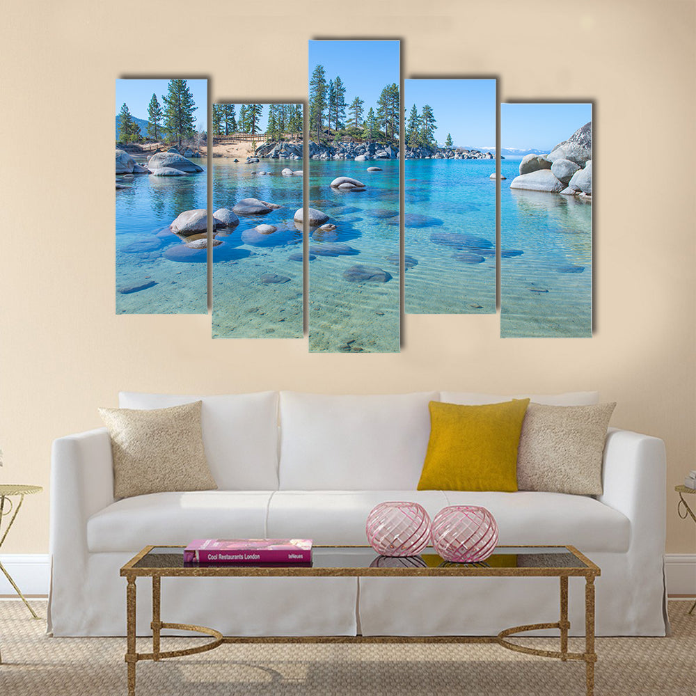Beautiful blue clear water on the shore of the lake Tahoe multi panel canvas wall art
