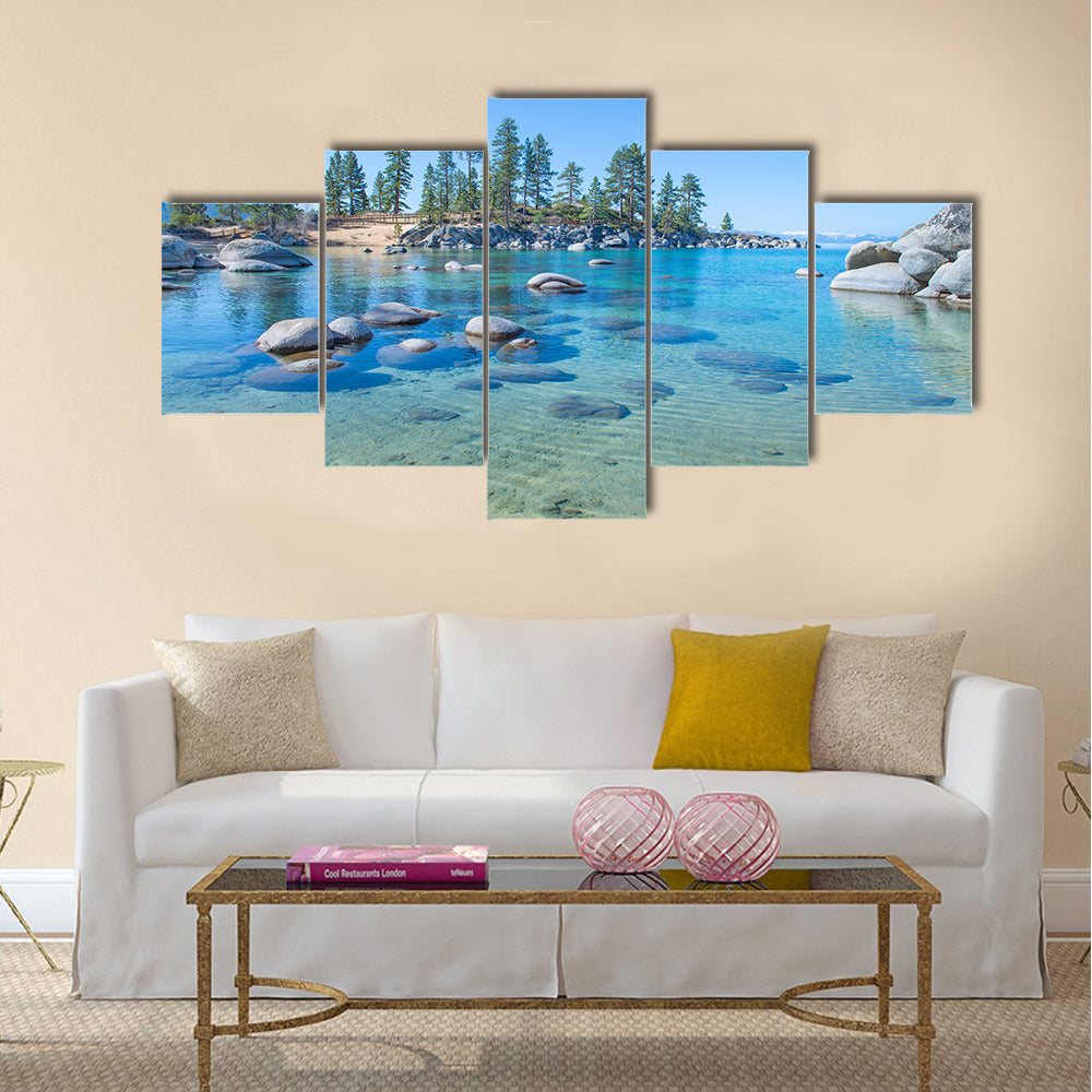 Beautiful blue clear water on the shore of the lake Tahoe multi panel canvas wall art