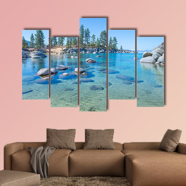 Beautiful blue clear water on the shore of the Lake Tahoe Multi panel canvas wall art