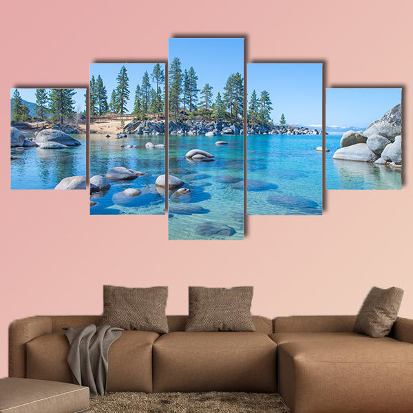 Beautiful blue clear water on the shore of the Lake Tahoe Multi panel canvas wall art