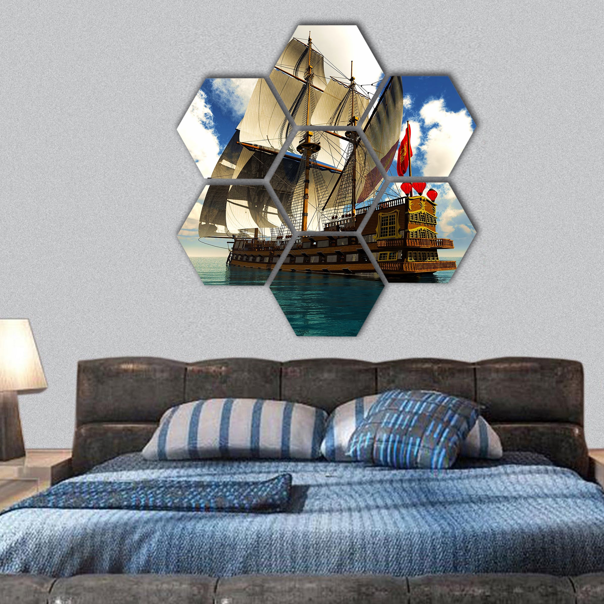 Pirate brigantine hexagonal canvas wall art