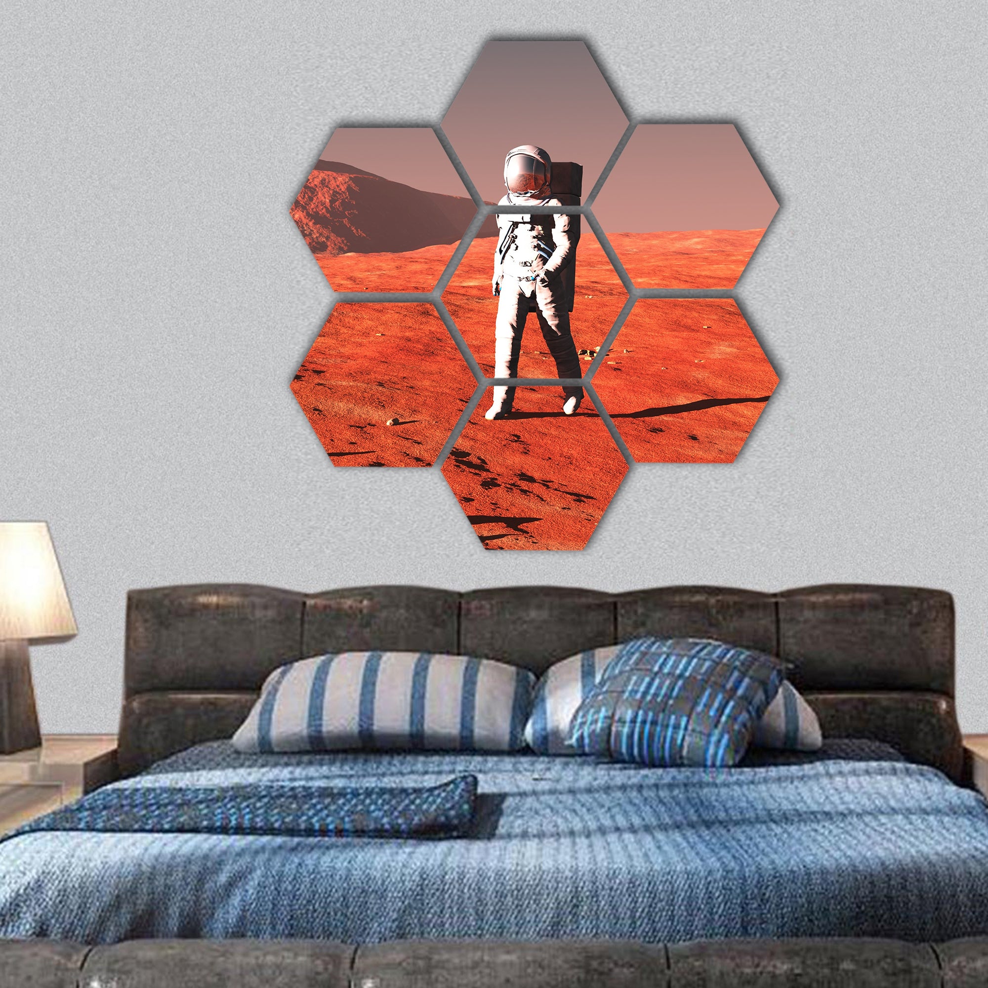 scene of the astronaut on Mars hexagonal canvas wall art