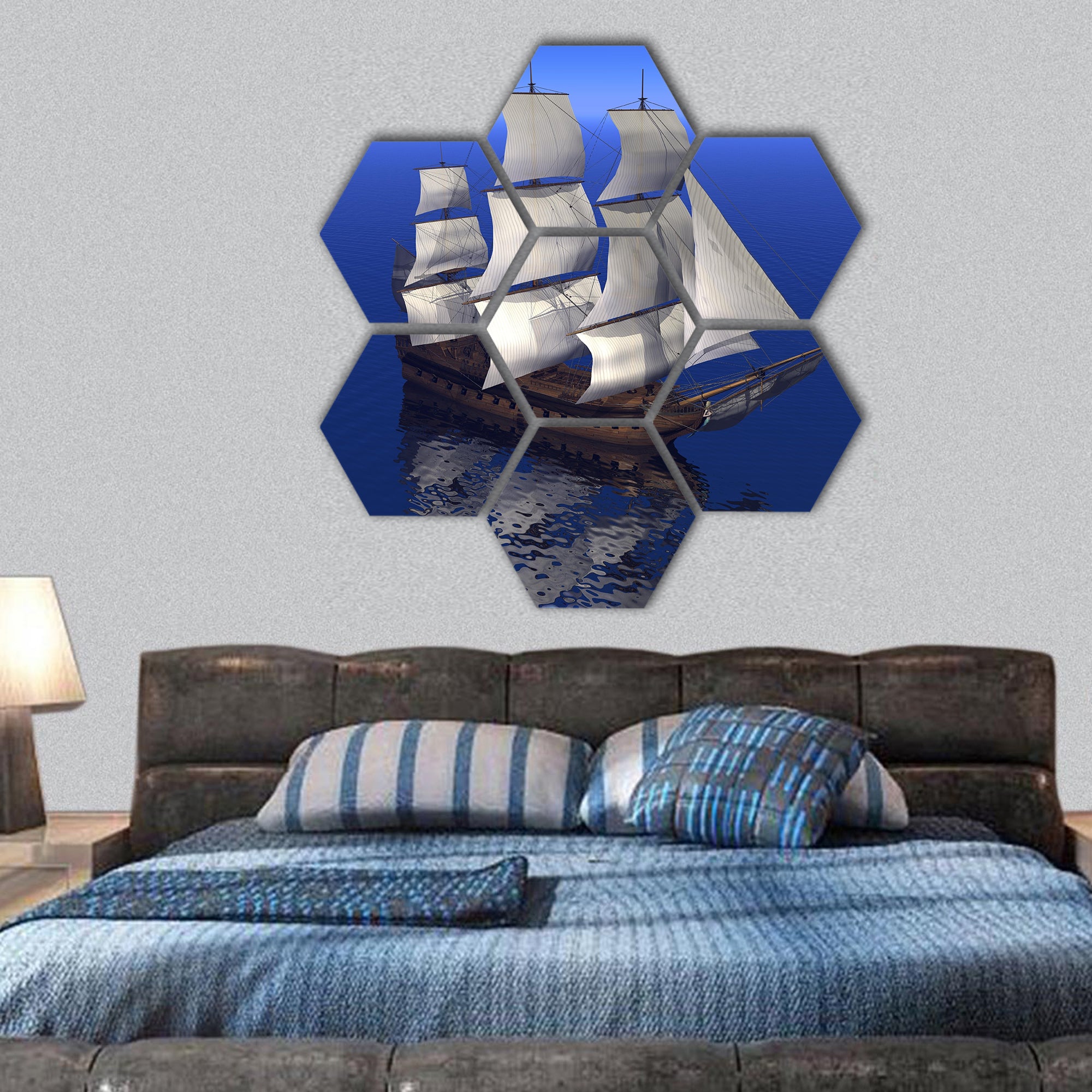 Boat merchant and ocean hexagonal canvas wall art