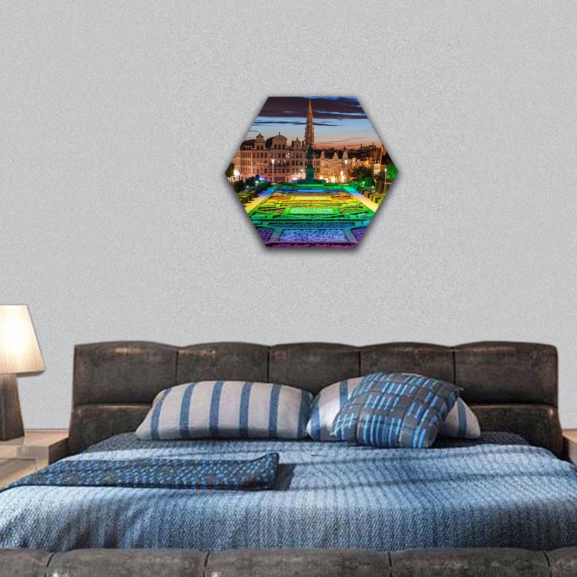 Cityscape of Brussels from Monts des Arts at dusk hexagonal canvas wall art