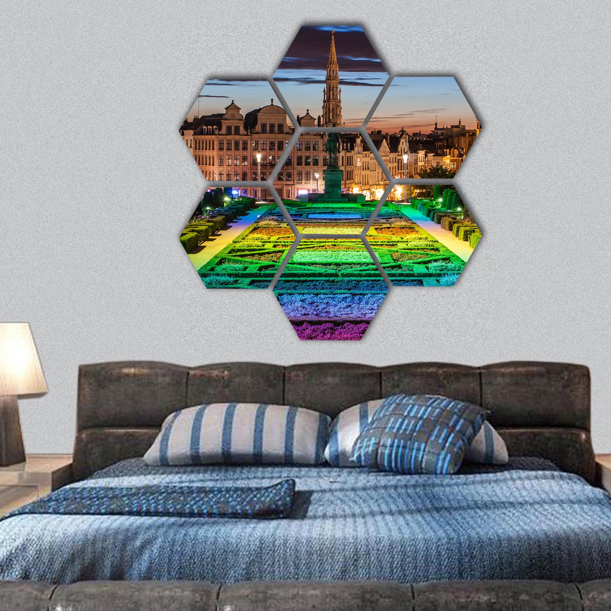 Cityscape of Brussels from Monts des Arts at dusk hexagonal canvas wall art