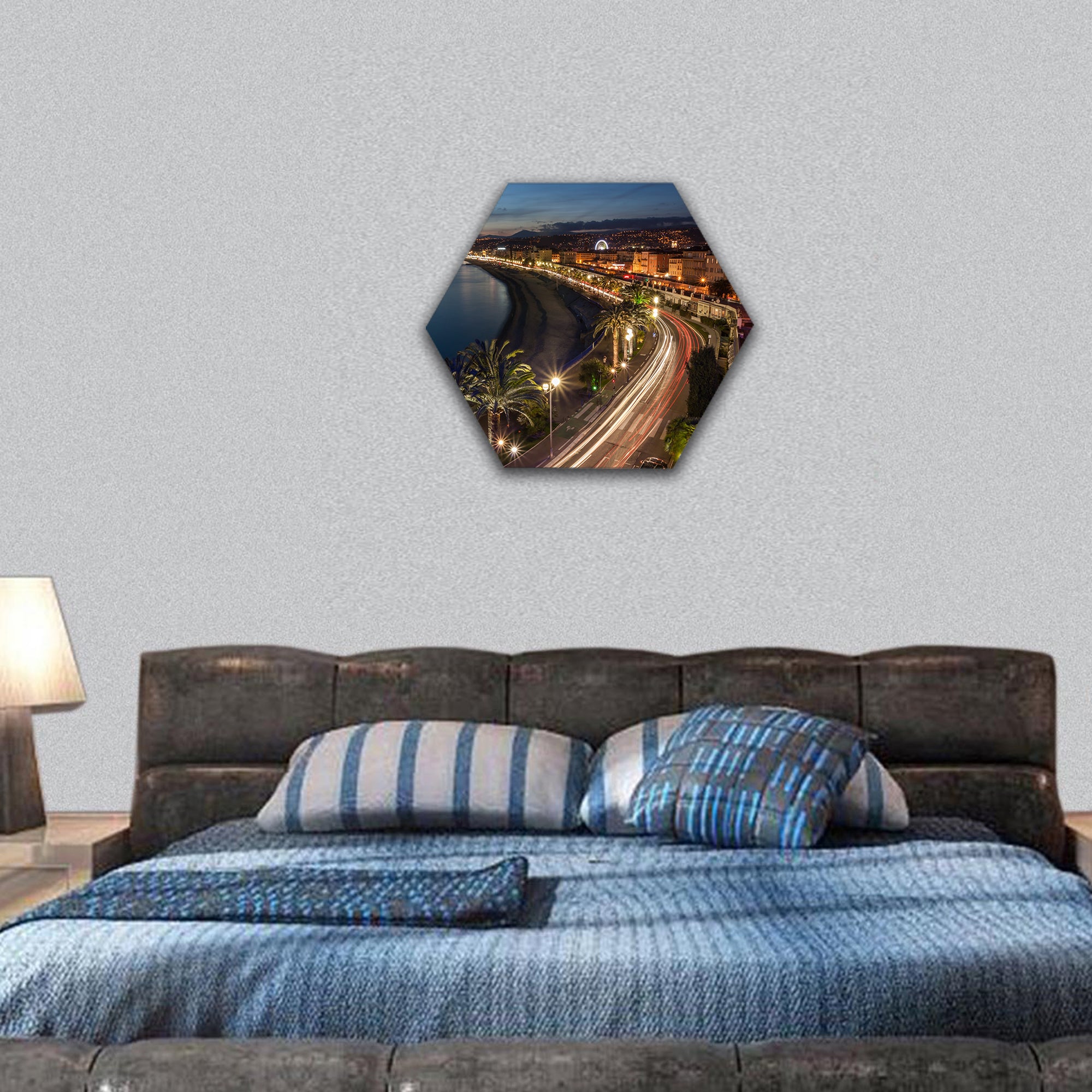 Cityscape of Nice in French Riviera at dusk, France hexagonal canvas wall art