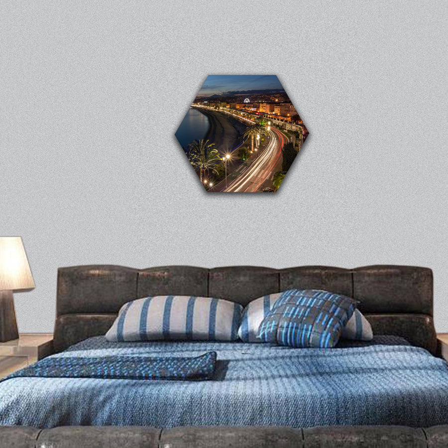 Cityscape of Nice in French Riviera at dusk, France hexagonal canvas wall art