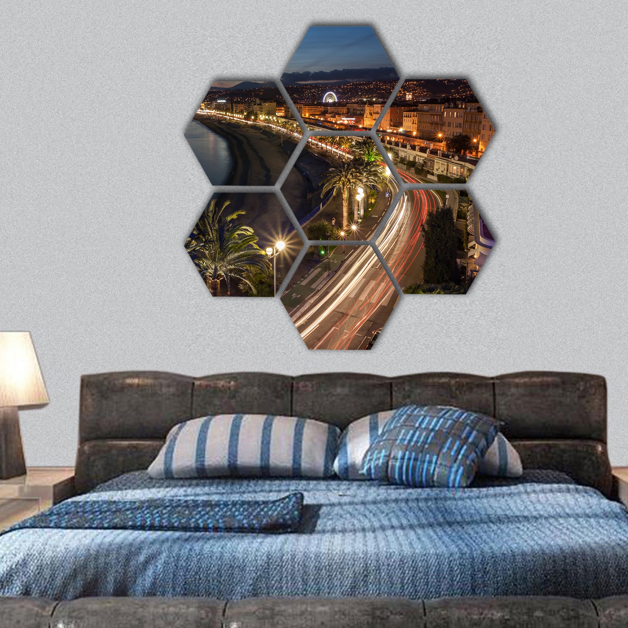 Cityscape of Nice in French Riviera at dusk, France hexagonal canvas wall art