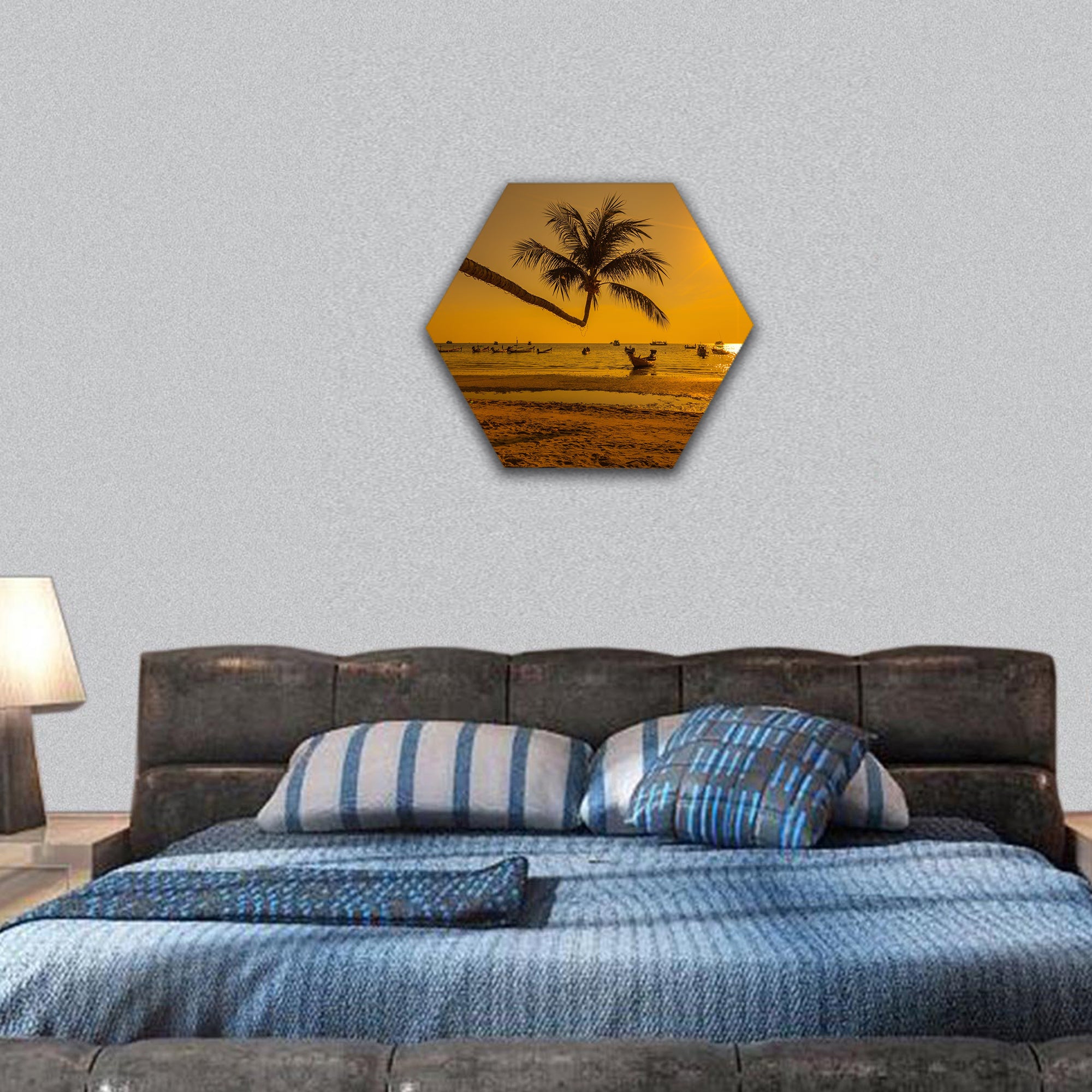 Sunset with palm and longtail boats on beach ,Ko Tao island hexagonal canvas wall art