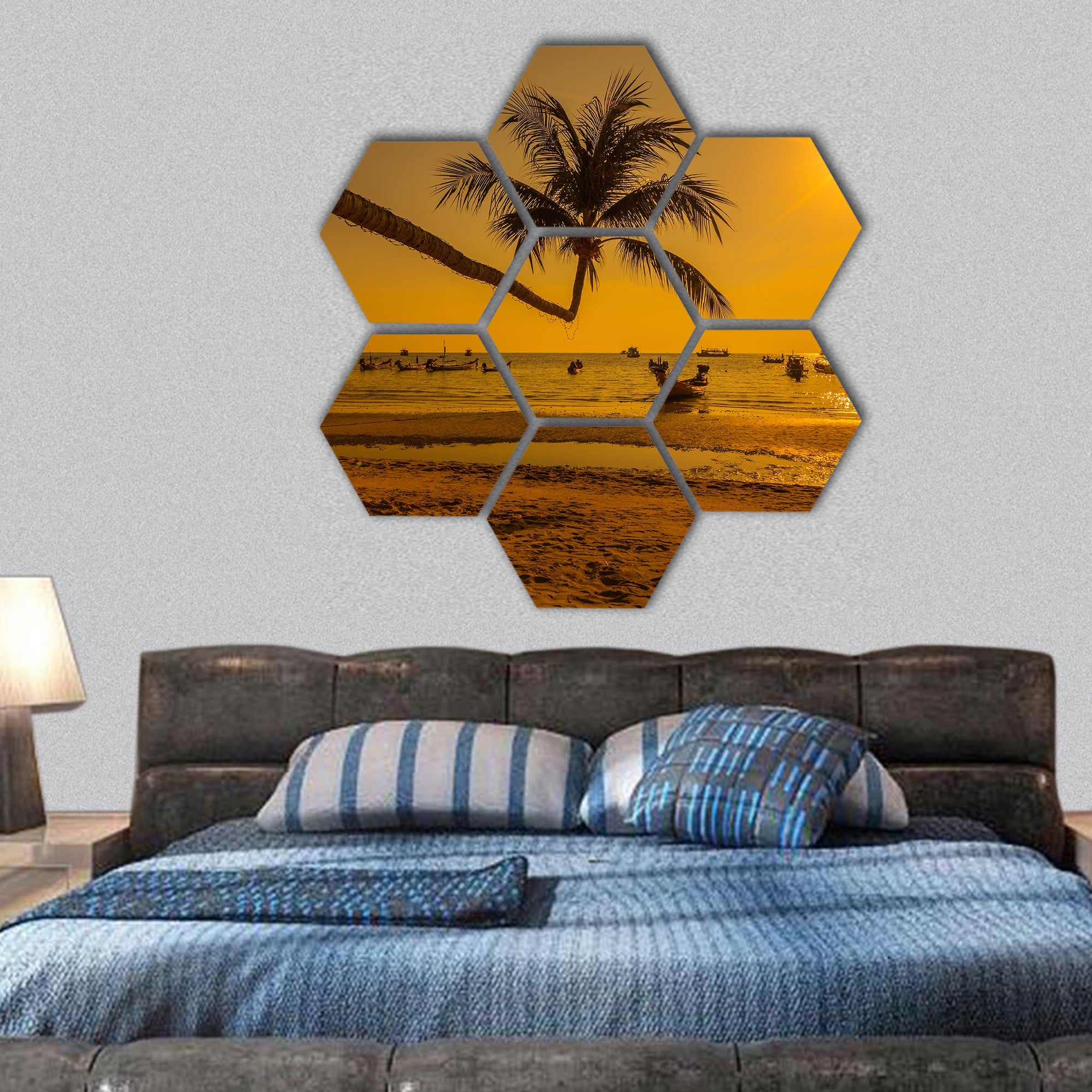 Sunset with palm and longtail boats on beach ,Ko Tao island hexagonal canvas wall art