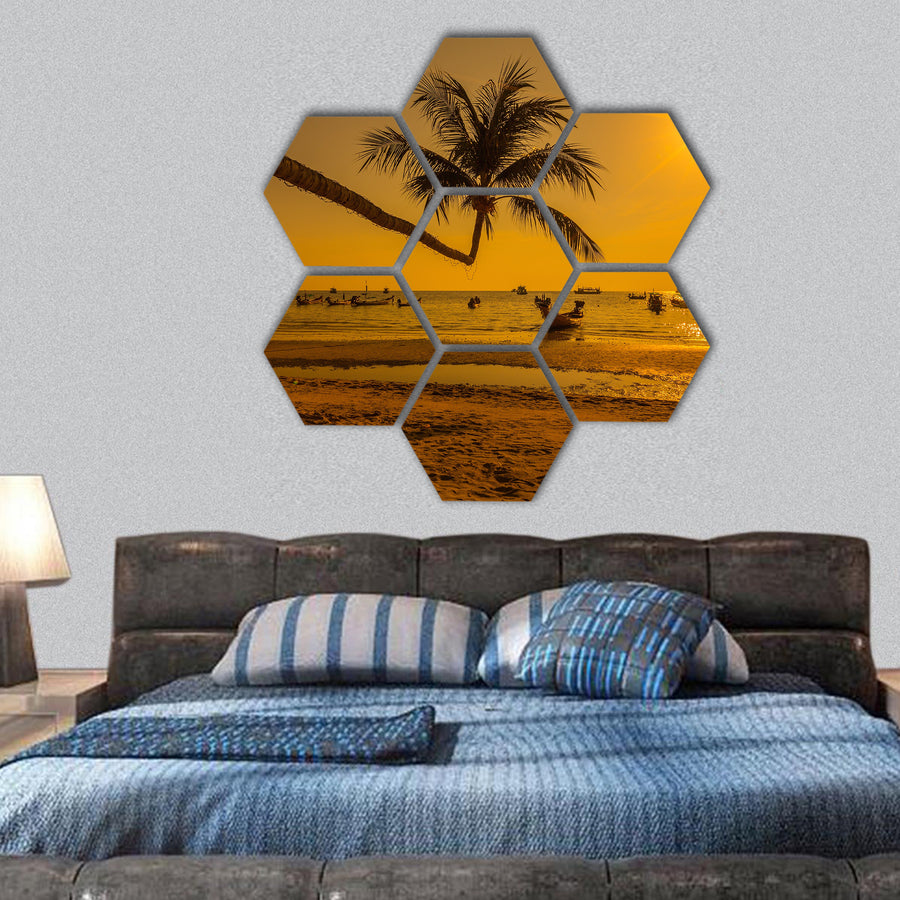 Sunset with palm and longtail boats on beach ,Ko Tao island hexagonal canvas wall art