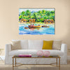 Landscape with boat on a river and village Multi panel canvas wall art