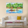 Landscape with boat on a river and village Multi panel canvas wall art