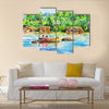 Landscape with boat on a river and village Multi panel canvas wall art