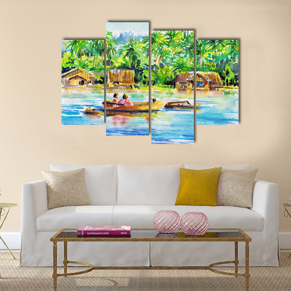 Landscape with boat on a river and village Multi panel canvas wall art