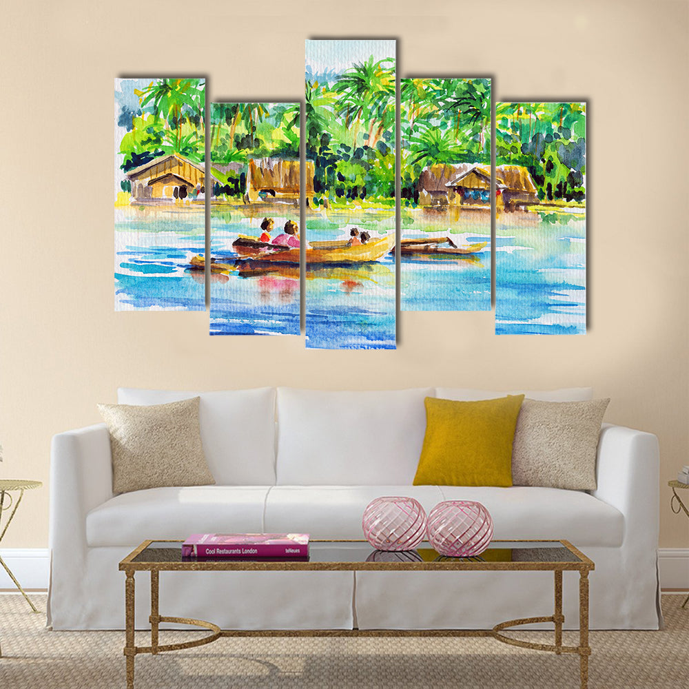 Landscape with boat on a river and village Multi panel canvas wall art