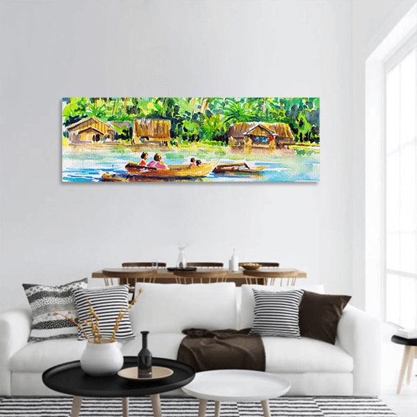 Boat on a river panoramic canvas wall art