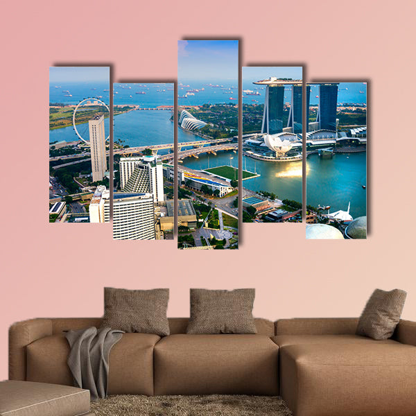 Fish-eye view of Singapore city skyline at sunset multi panel canvas wall art