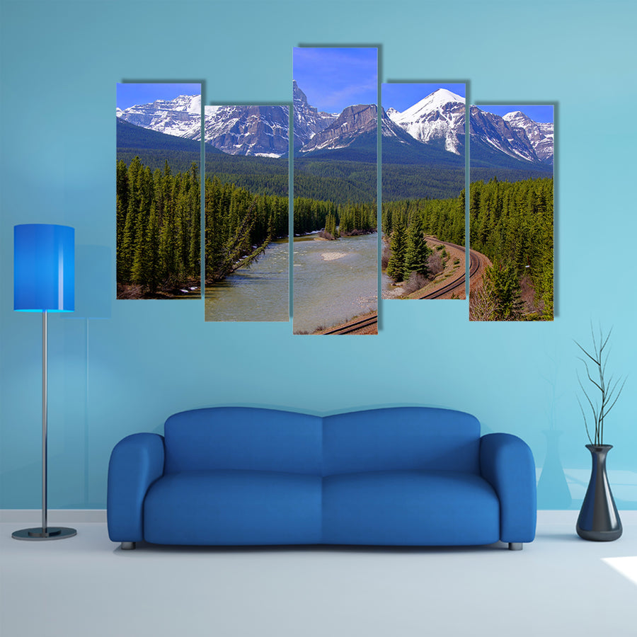 View over a river through the Rocky Mountains, Banff, Canada multi panel canvas wall art