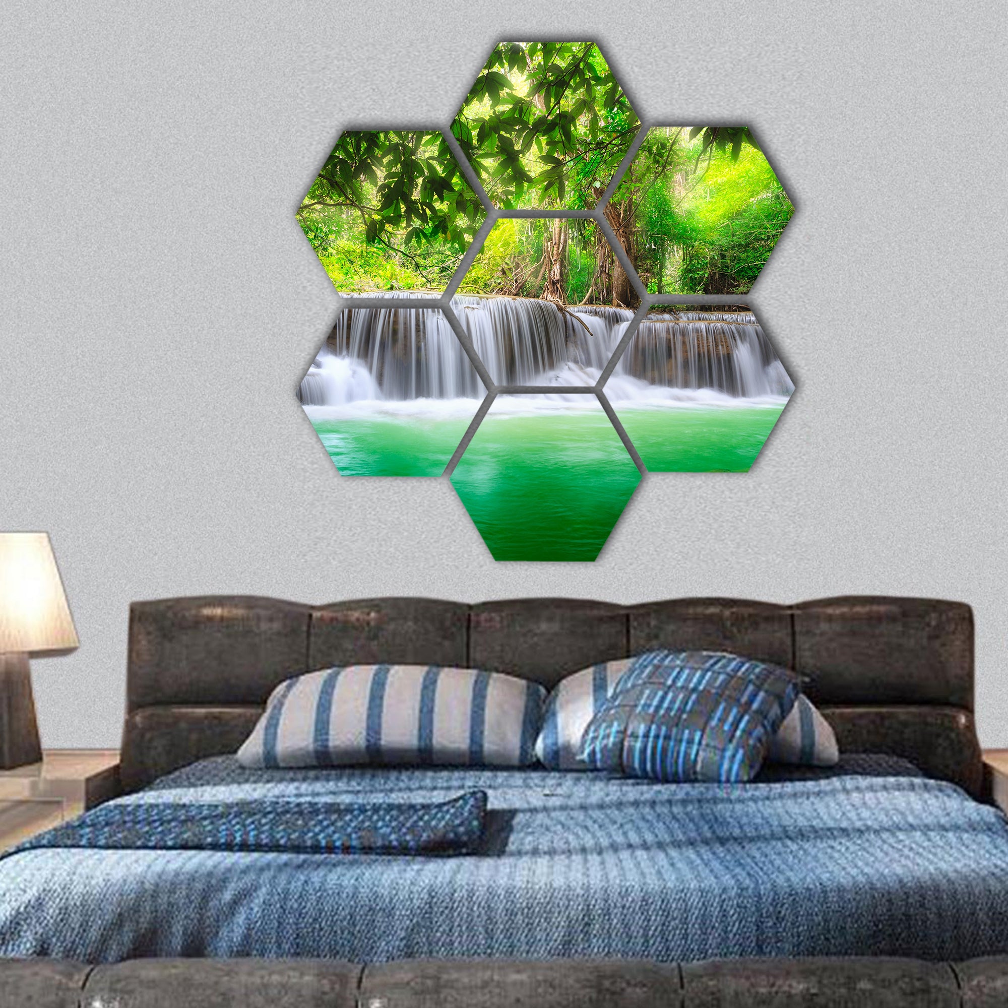 Thailand waterfall in Kanjanaburi Huay Mae Kamin hexagonal canvas wall art