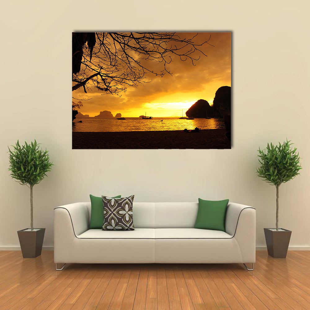 A Beach With Nobody There At Sunset Multi Panel Canvas Wall Art