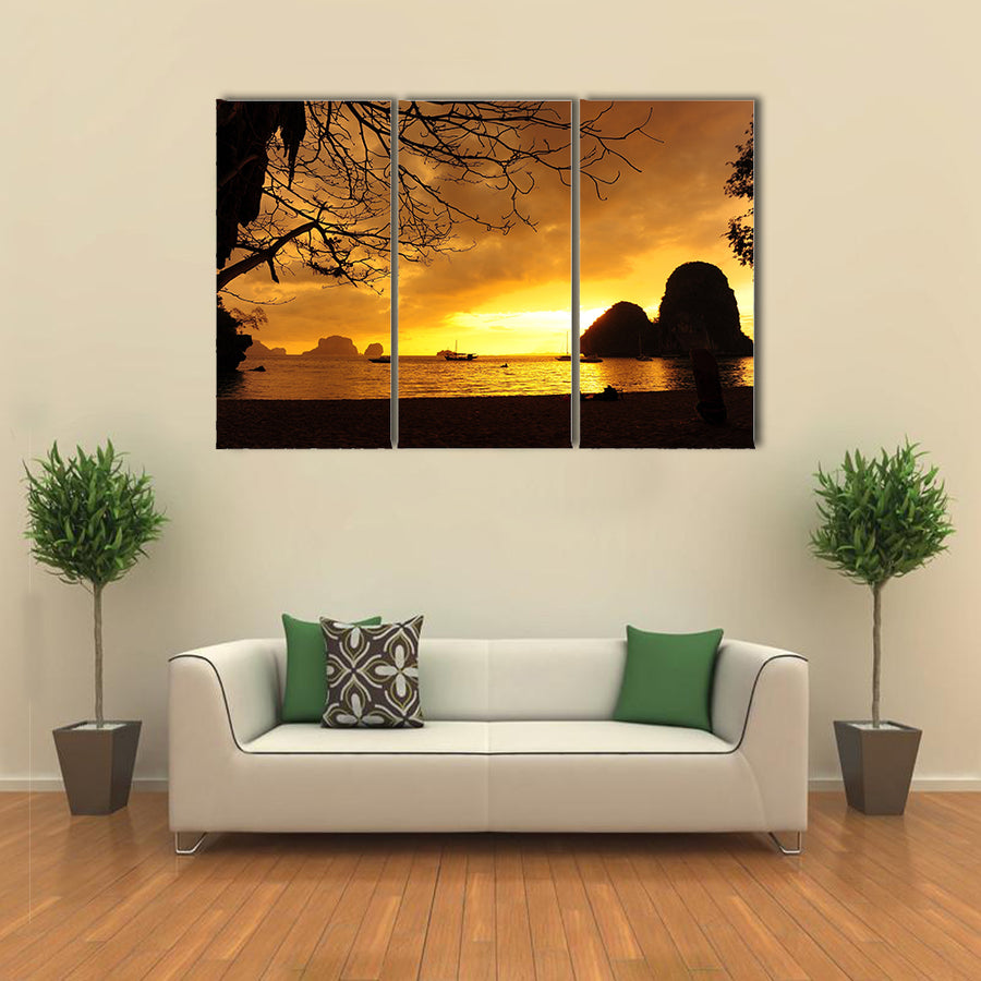A Beach With Nobody There At Sunset Multi Panel Canvas Wall Art