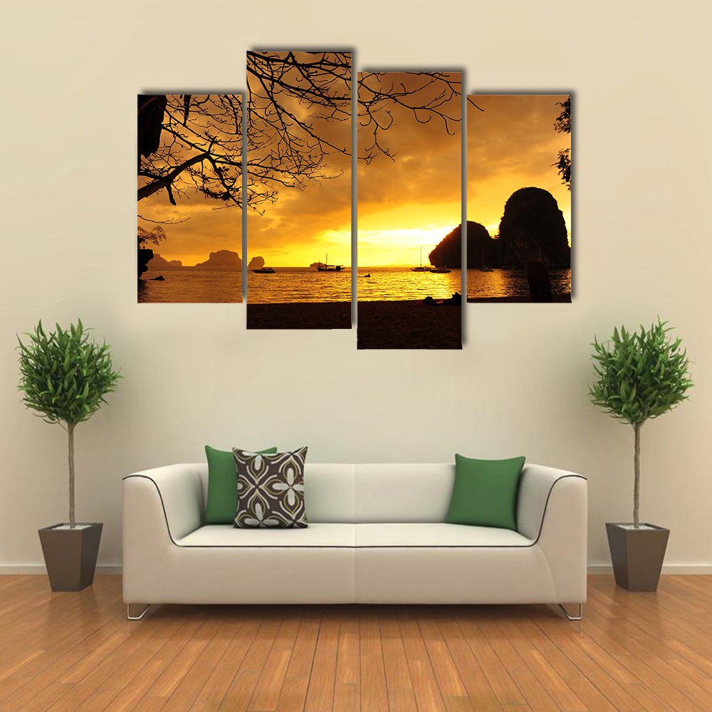 A Beach With Nobody There At Sunset Multi Panel Canvas Wall Art