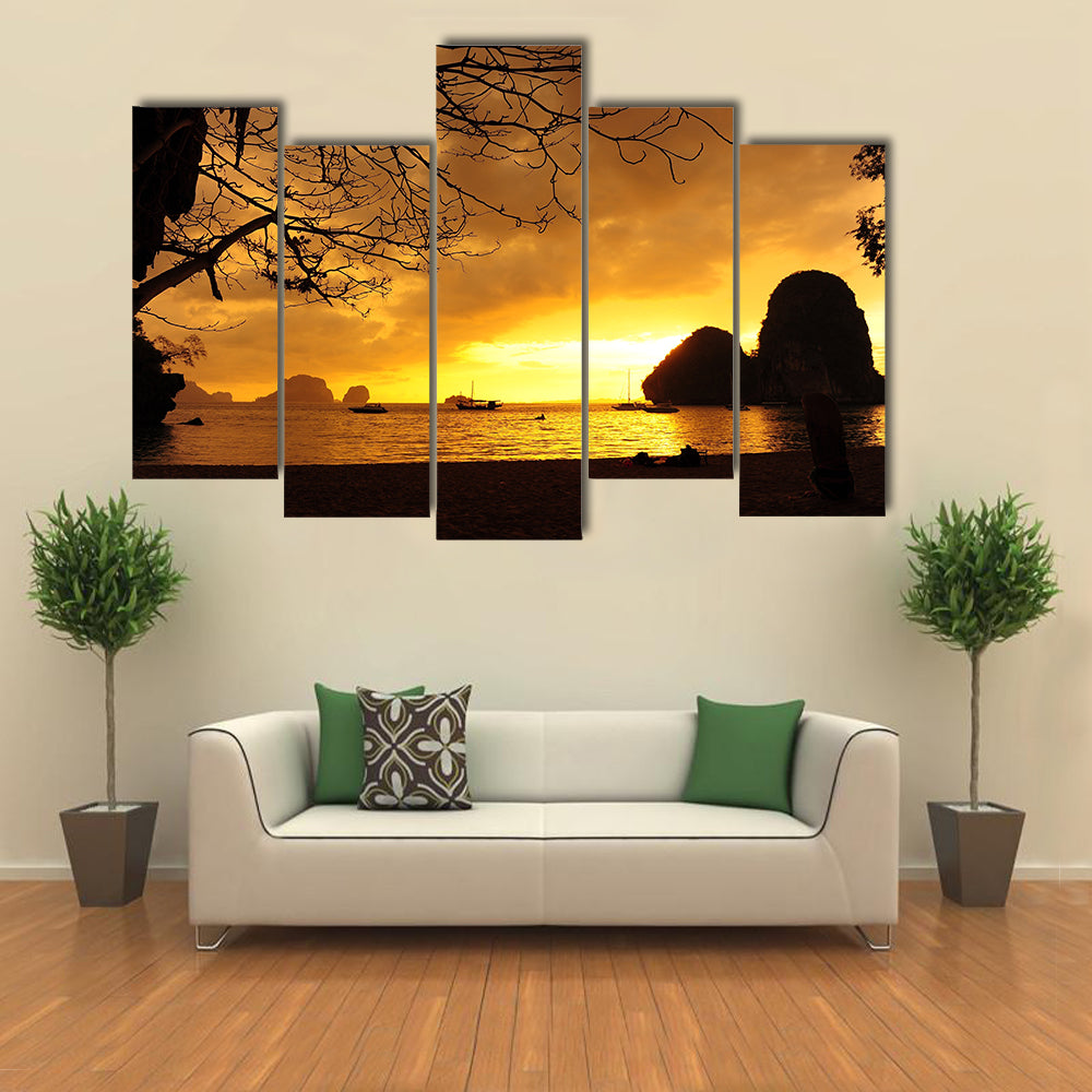 A Beach With Nobody There At Sunset Multi Panel Canvas Wall Art