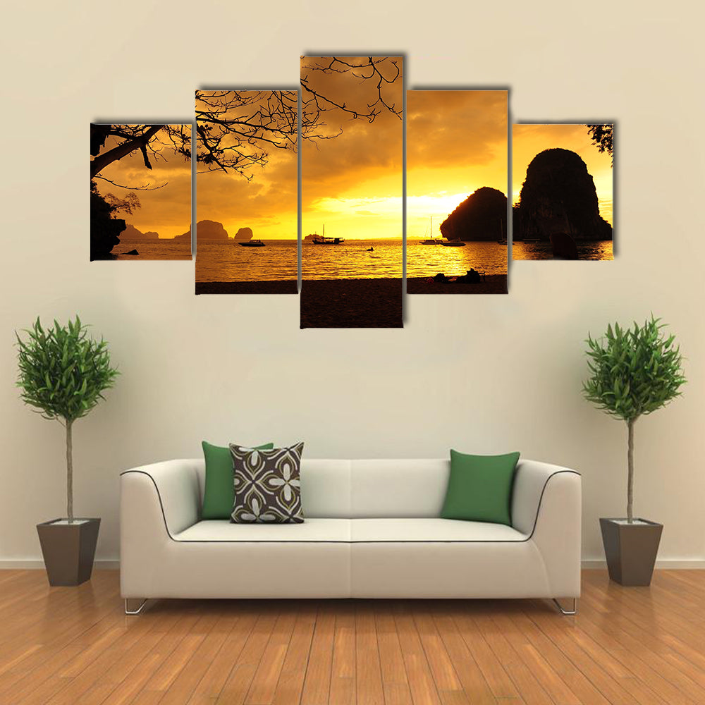 A Beach With Nobody There At Sunset Multi Panel Canvas Wall Art