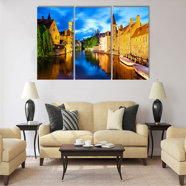 Night view of canal in Bruges Multi panel canvas wall art