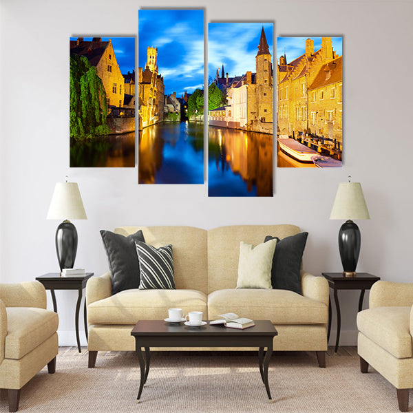 Night view of canal in Bruges Multi panel canvas wall art