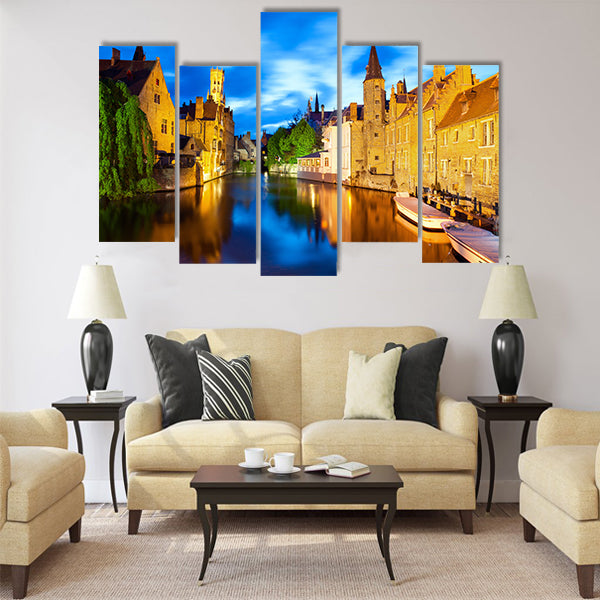 Night view of canal in Bruges Multi panel canvas wall art