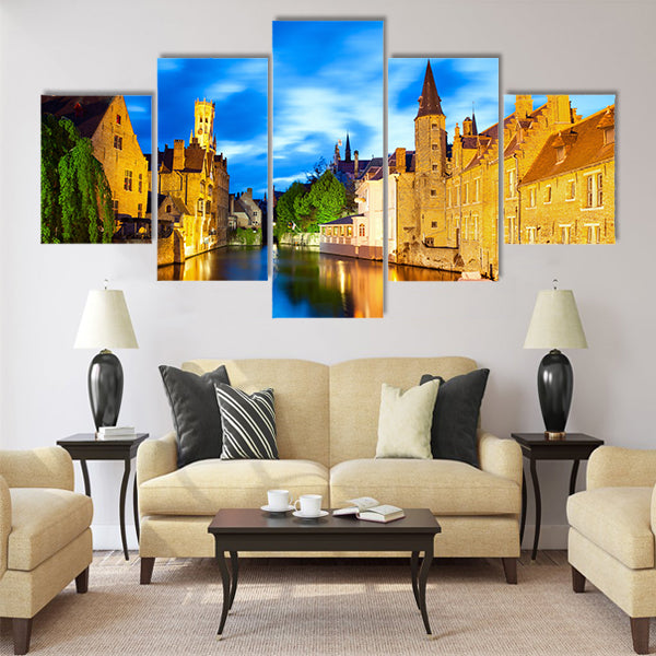 Night view of canal in Bruges Multi panel canvas wall art