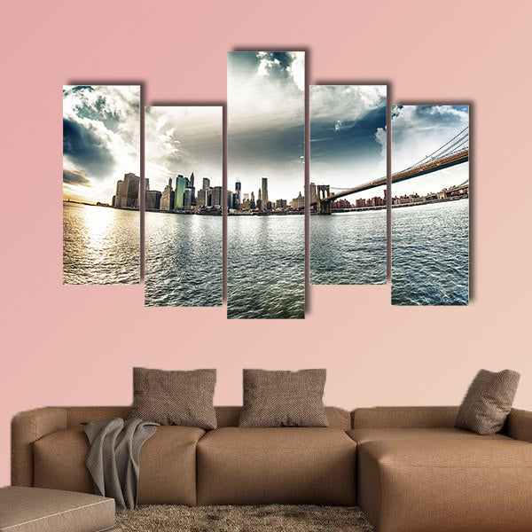 Spectacular view of Brooklyn Bridge from Brooklyn shore multi panel canvas wall art