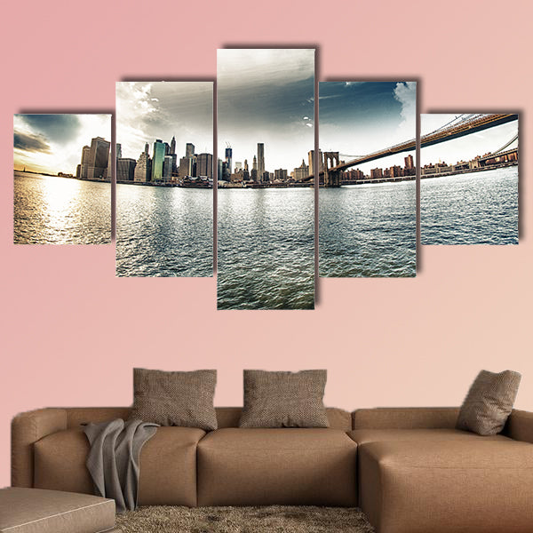 Spectacular view of Brooklyn Bridge from Brooklyn shore multi panel canvas wall art