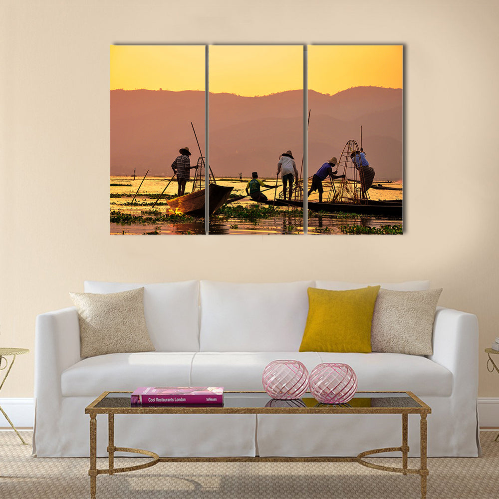 Fishermen is finish a day of fishing in Inle lake, Myanmar Burma Multi panel canvas wall art