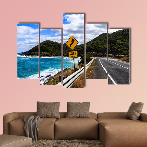 The yellow bend and 40 km h speed limit signs multi panel canvas wall art