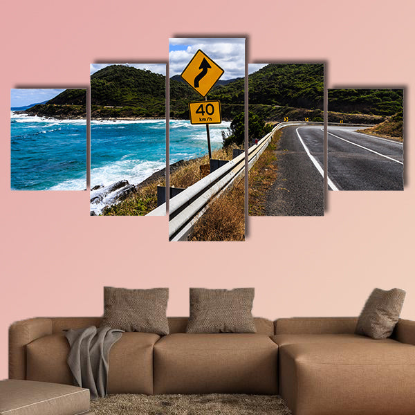 The yellow bend and 40 km h speed limit signs multi panel canvas wall art