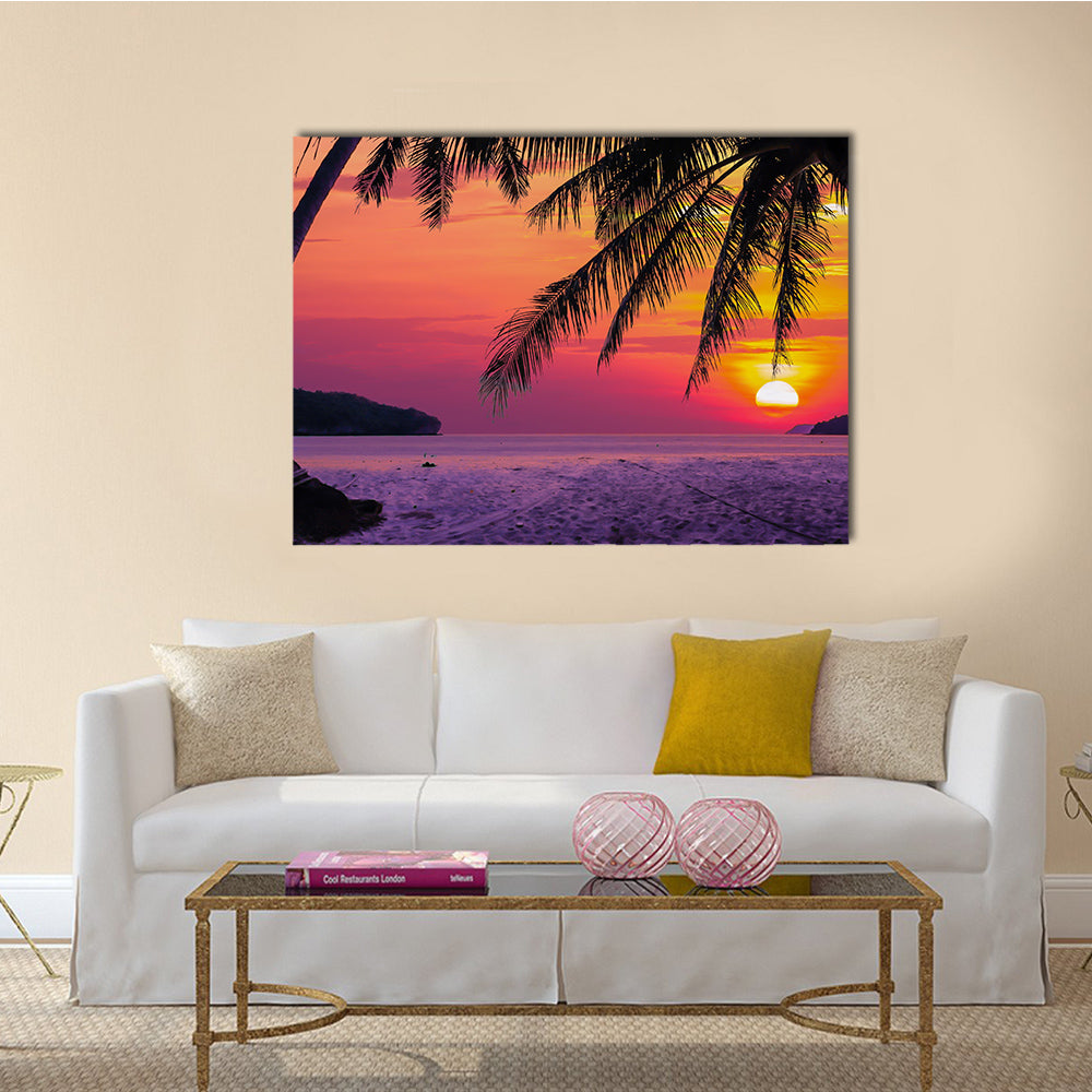 The Silhouetted Version Of The Coconut Tree During Sunrise Multi Panel Canvas Wall Art