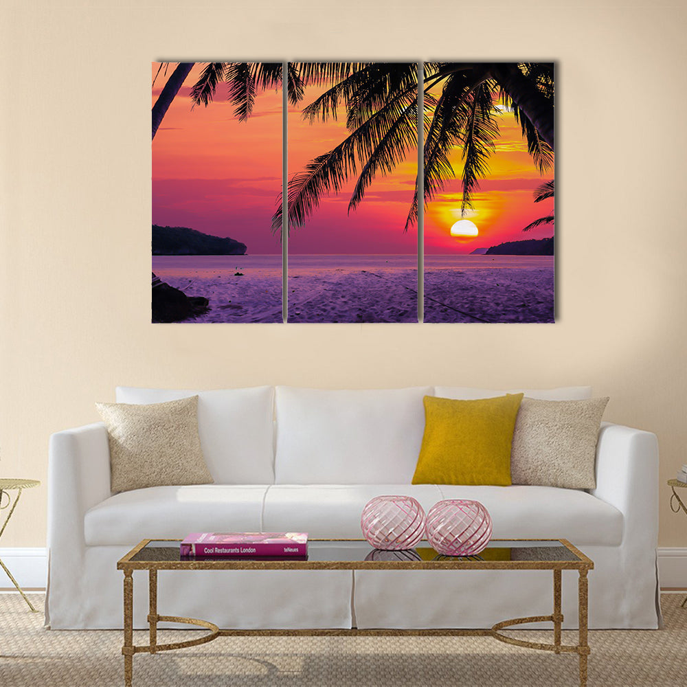 The Silhouetted Version Of The Coconut Tree During Sunrise Multi Panel Canvas Wall Art