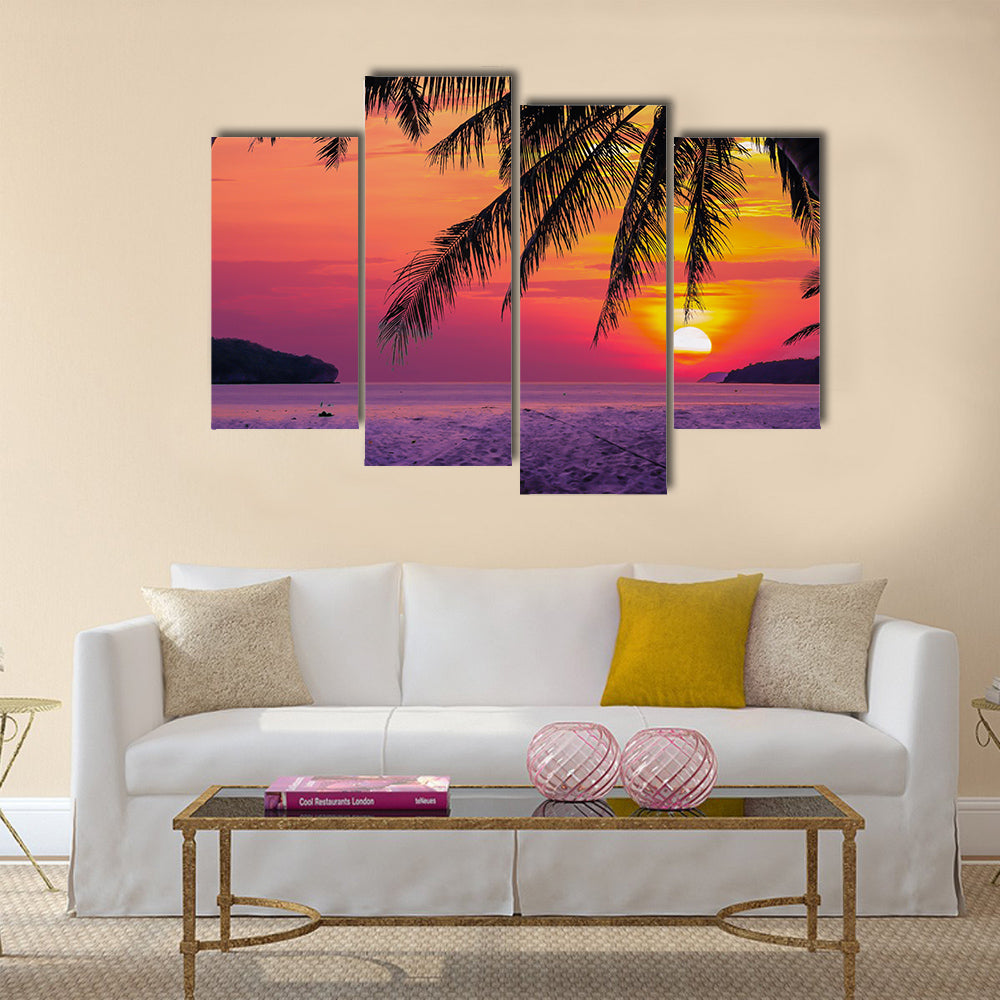 The Silhouetted Version Of The Coconut Tree During Sunrise Multi Panel Canvas Wall Art