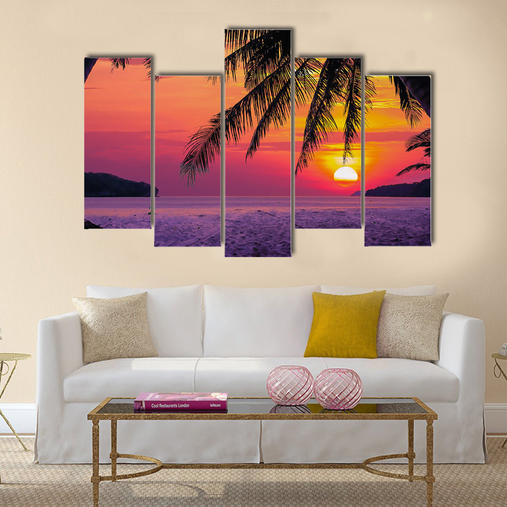 The Silhouetted Version Of The Coconut Tree During Sunrise Multi Panel Canvas Wall Art