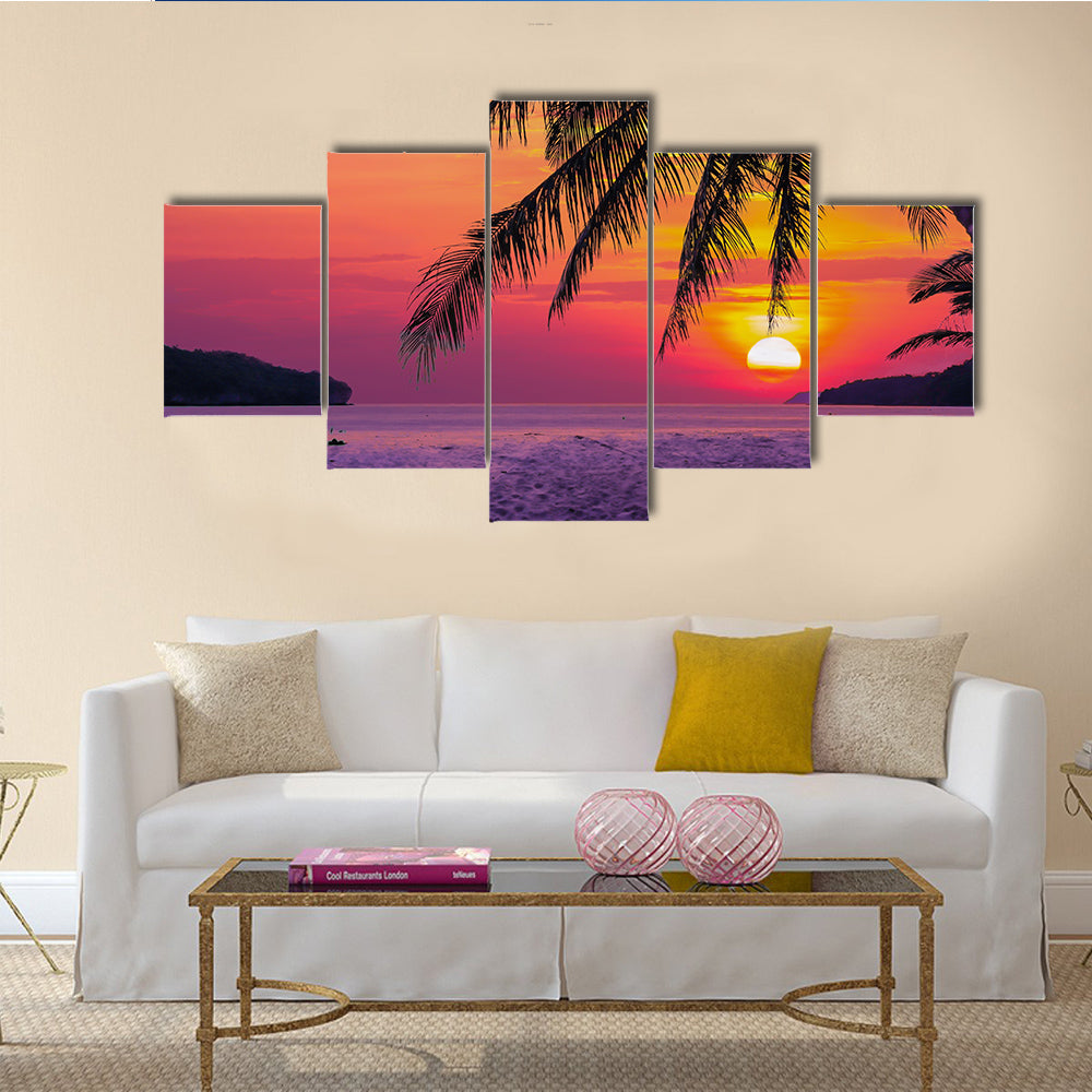 The Silhouetted Version Of The Coconut Tree During Sunrise Multi Panel Canvas Wall Art