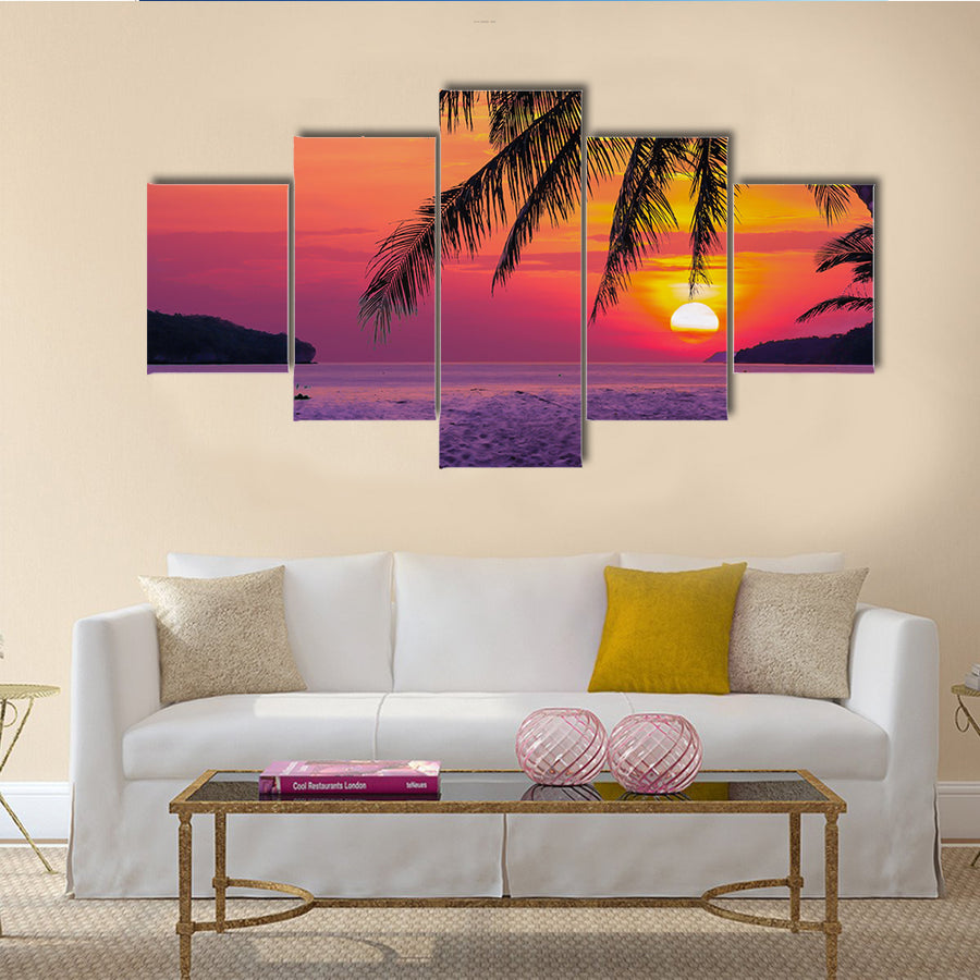 The Silhouetted Version Of The Coconut Tree During Sunrise Multi Panel Canvas Wall Art