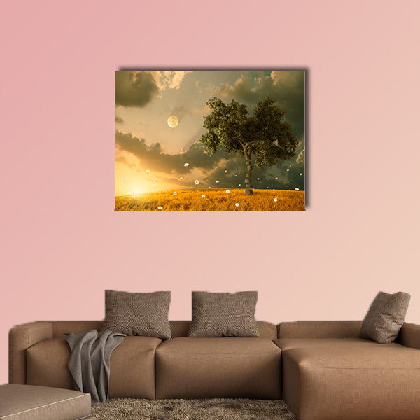 The unreal fantastic land with flying flowers and tree multi panel canvas wall art