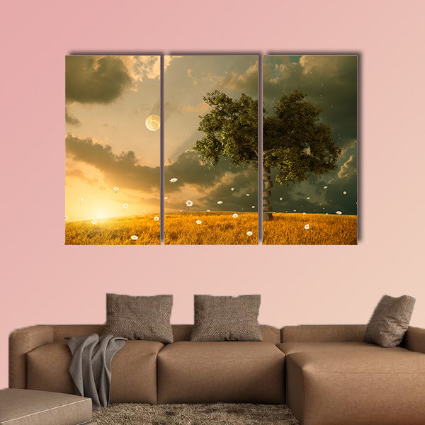The unreal fantastic land with flying flowers and tree multi panel canvas wall art