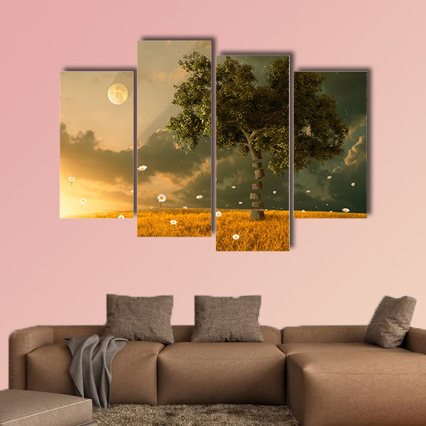 The unreal fantastic land with flying flowers and tree multi panel canvas wall art