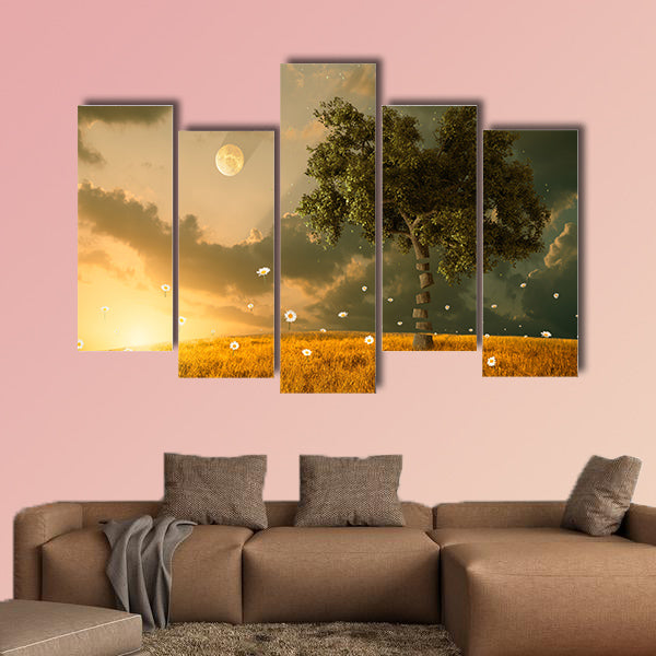 The unreal fantastic land with flying flowers and tree multi panel canvas wall art